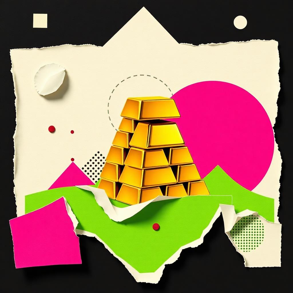 Collage: Stapel glänzender Goldbarren